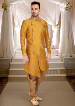 Yellow With Gold Print Art Silk Indo Western